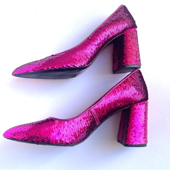 Alice + Olivia Demetra Fuchsia Pink Sequin Block Pointed Toe Slip On Heels - Picture 5 of 9